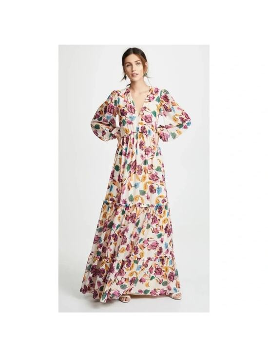 SALONI Dresses & Skirts - NWT Saloni Nina Tiered Floral Long-sleeve Maxi Dress Sz US6 Ivory Japonica 9K605